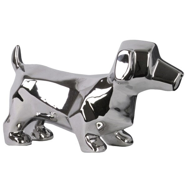 Geometrically Carved Standing Dachshund Dog Figurine In Ceramic, Silver
