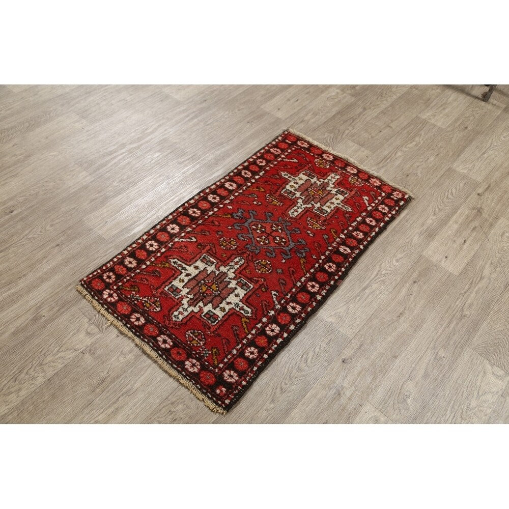 Gharajeh Hand Knotted Vintage Persian Geometric Area Rug - 3'9" x 2'1"
