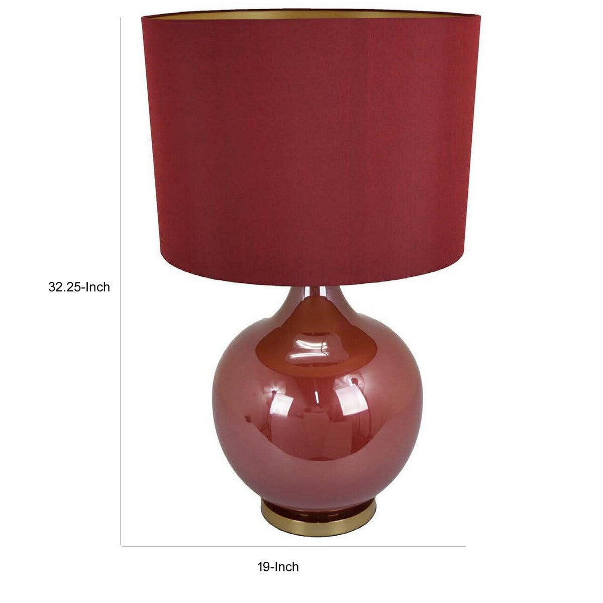Gia 32 Inch Table Lamp, Drum Shade, Curved Round Glass Body, Red Finish
