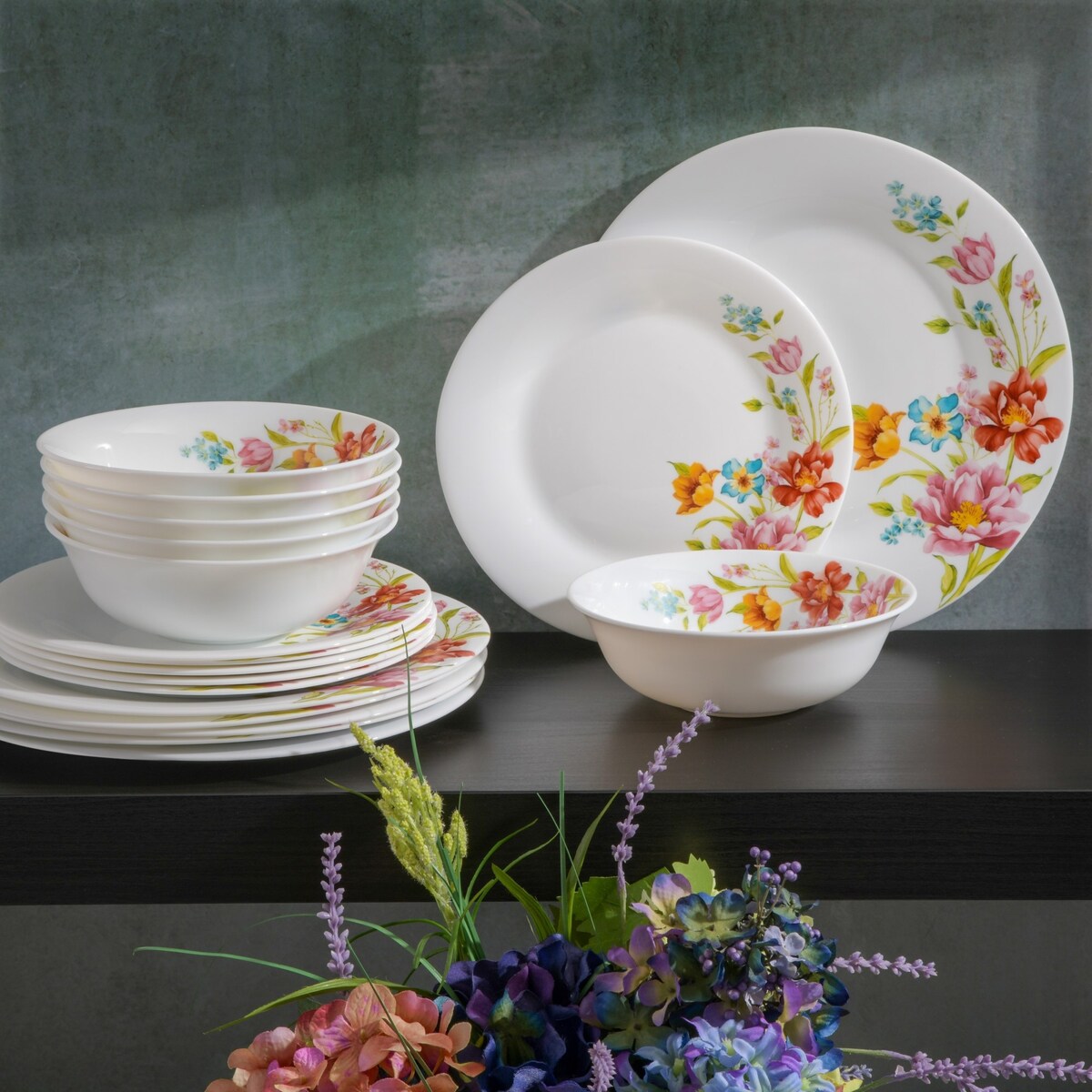 Gibson Home Ultra Round Red Floral 18-Piece Dinnerware Set, Opal Glass