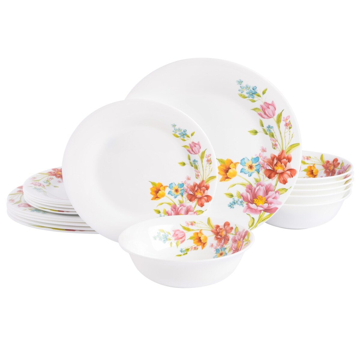 Gibson Home Ultra Round Red Floral 18-Piece Dinnerware Set, Opal Glass
