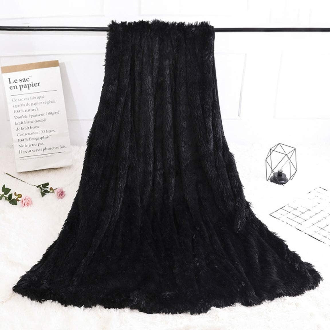 (expired) Gifeas Shaggy Longfur Throw Blanket with Sherpa Large Plush Fuzzy Blanket, 50''x60'', Black