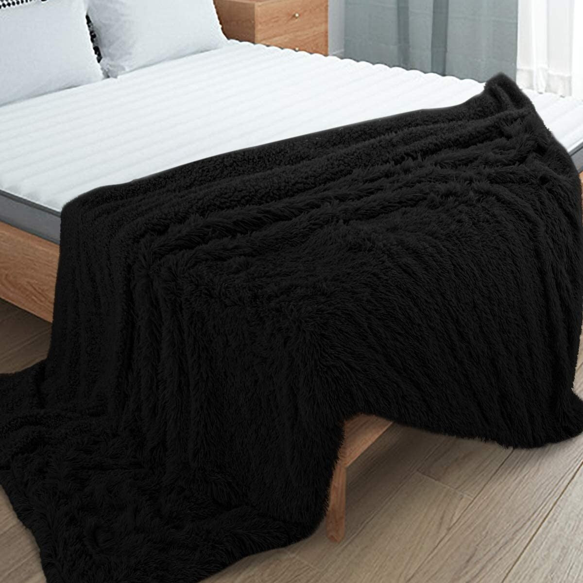 (expired) Gifeas Shaggy Longfur Throw Blanket with Sherpa Large Plush Fuzzy Blanket, 50''x60'', Black