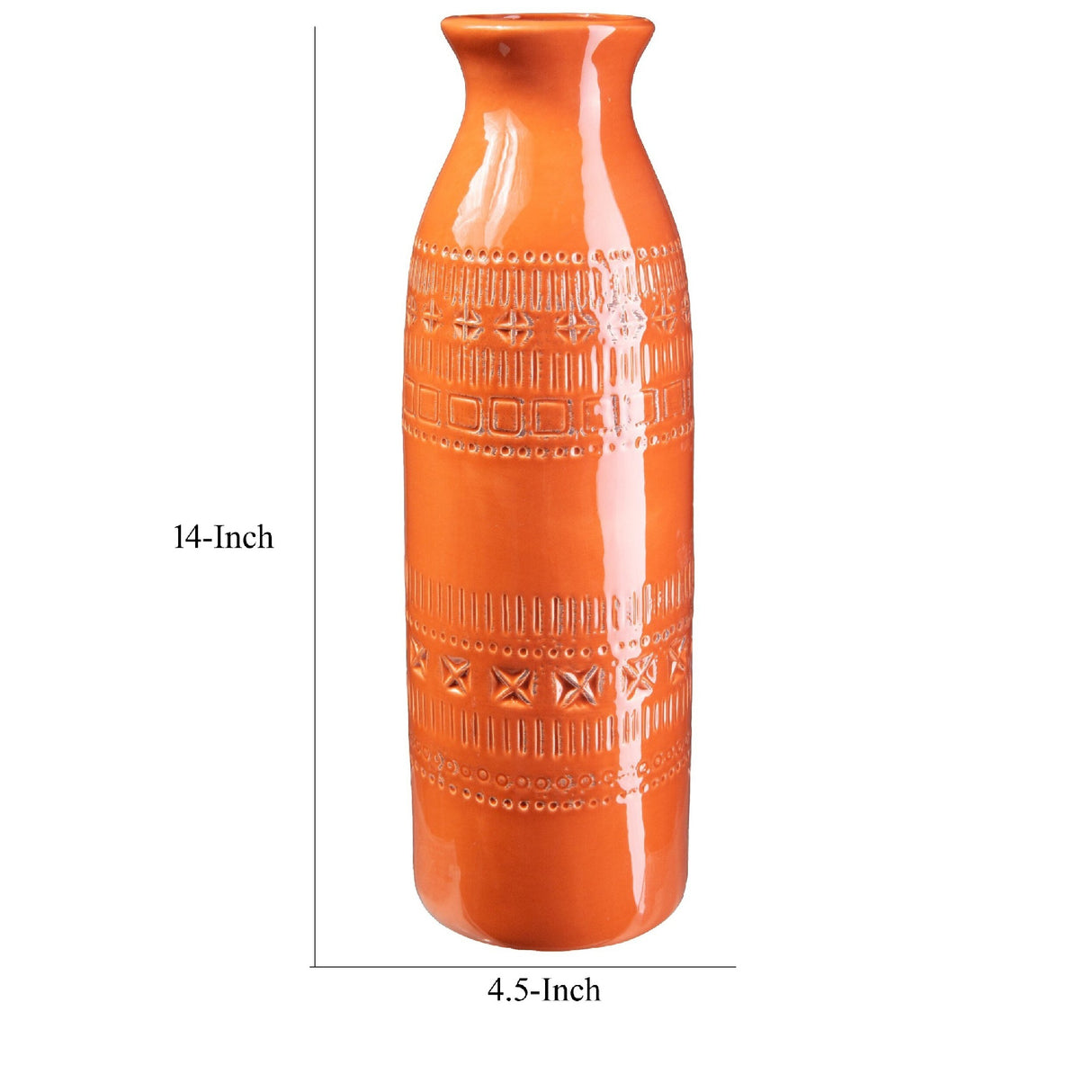 Gina 14 Inch Tall Ceramic Vase with Southwestern Design, Orange