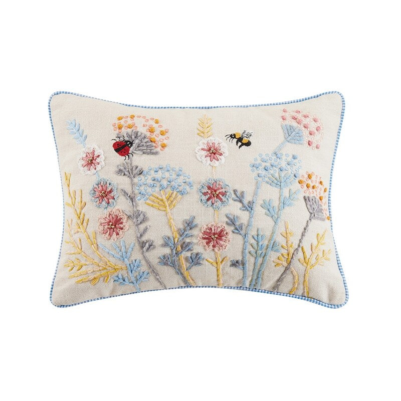 Gingham Flowers Embroidered Pillow