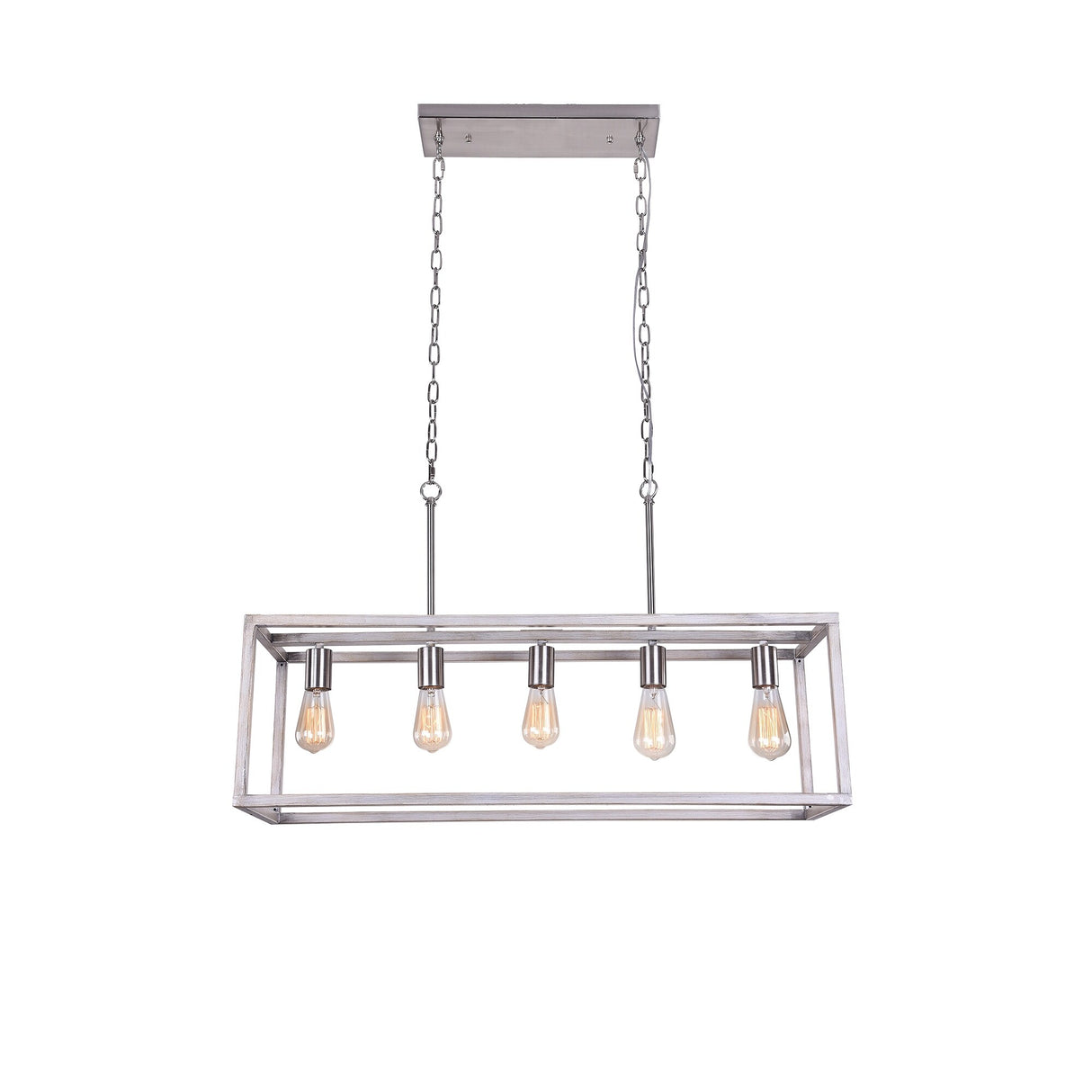 Ginnie Imitation Wood White Oak 5-Light Linear Chandelier with Silver Outer Cage