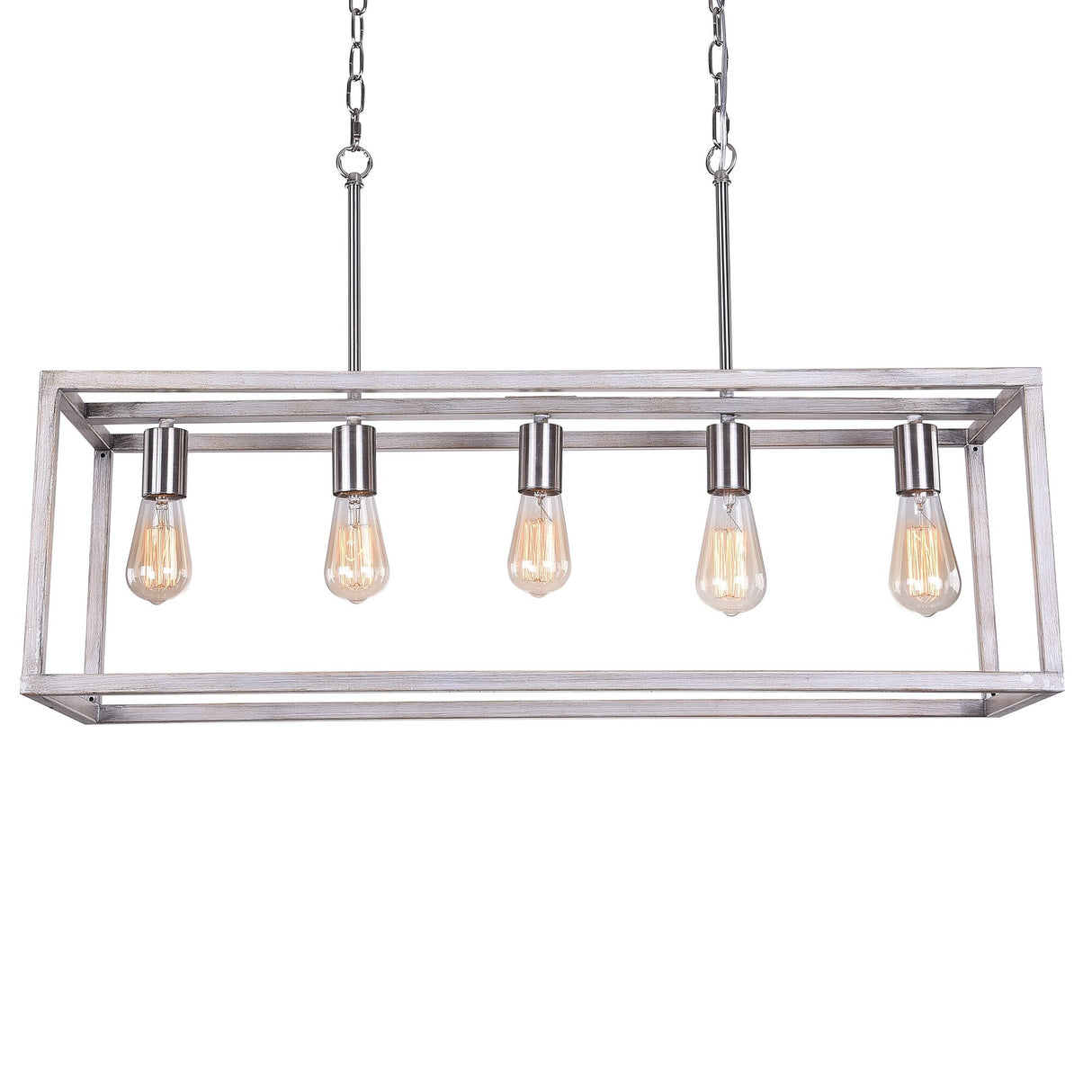 Ginnie Imitation Wood White Oak 5-Light Linear Chandelier with Silver Outer Cage