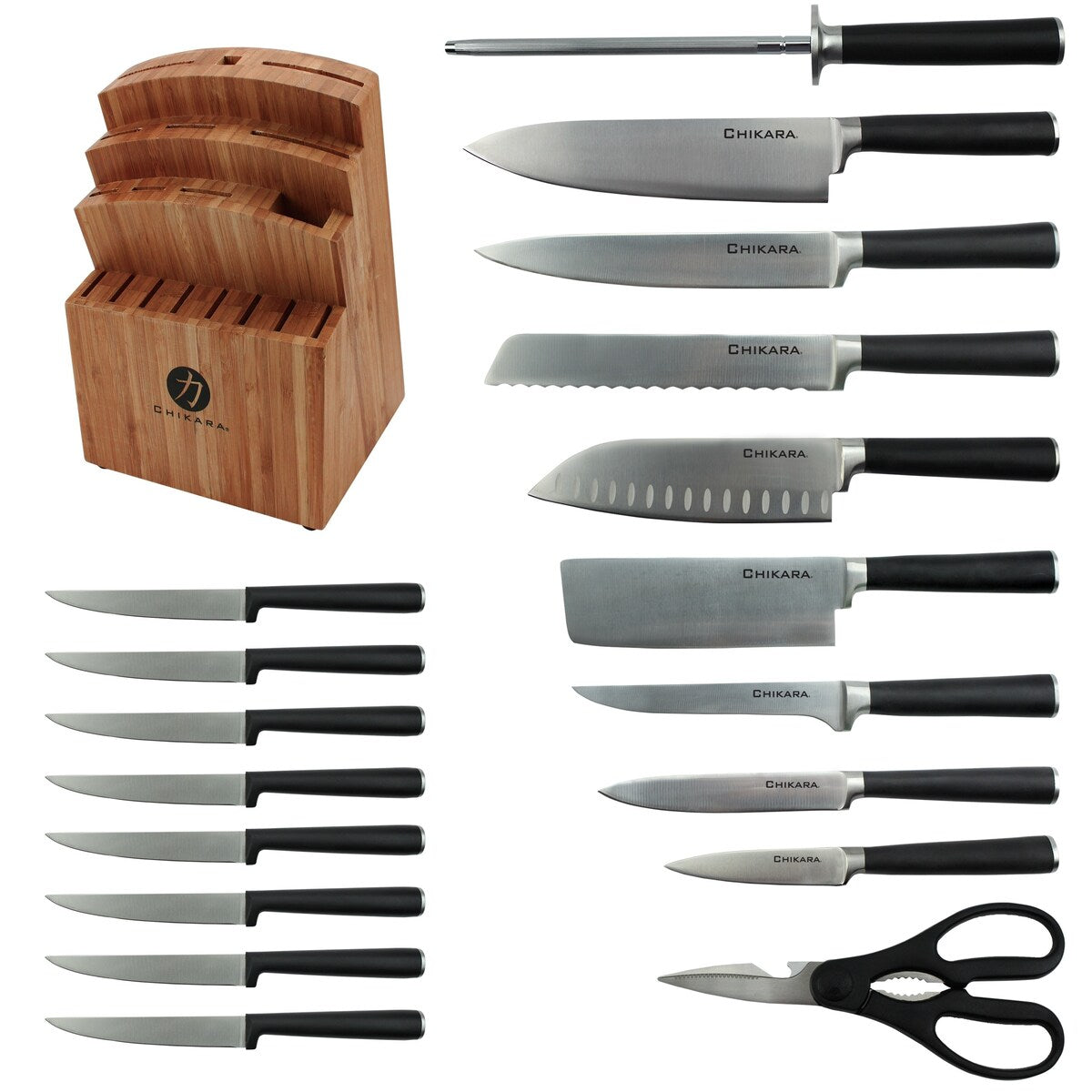 Ginsu Chikara Series Forged 19-Piece 420J Stainless Steel Knife Set, Bamboo Block