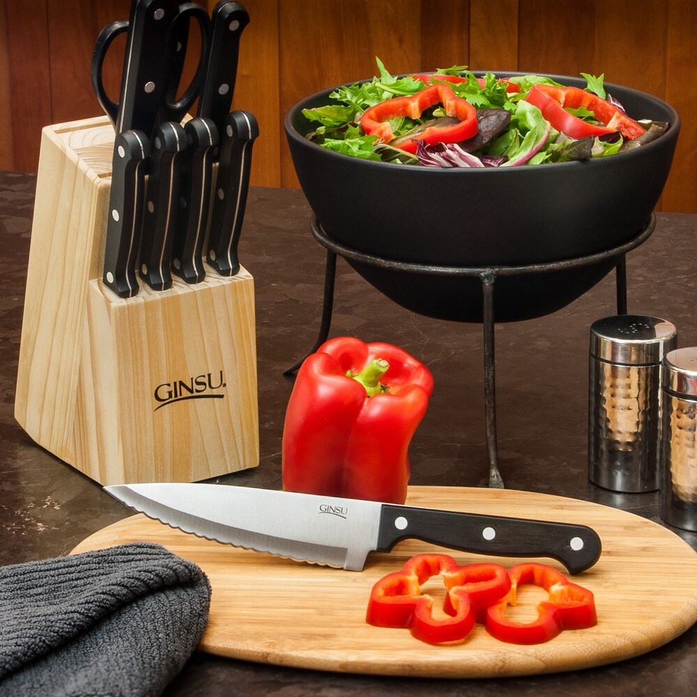 Ginsu Essential Series 10-Piece Stainless Steel Serrated Knife Set - Cutlery Set w/ Black Kitchen Knives, Natural Block