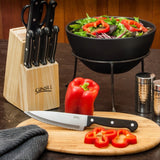 Ginsu Essential Series 10-Piece Stainless Steel Serrated Knife Set - Cutlery Set w/ Black Kitchen Knives, Natural Block
