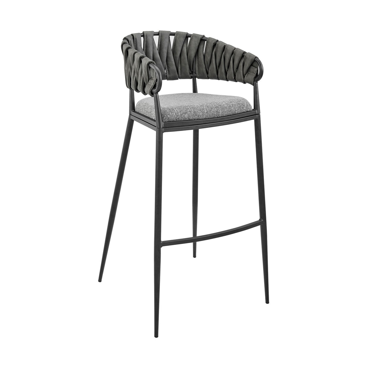 Giovanni Gray Faux Leather and Black Metal Bar or Counter Height Barstool with Arms and Curved Back