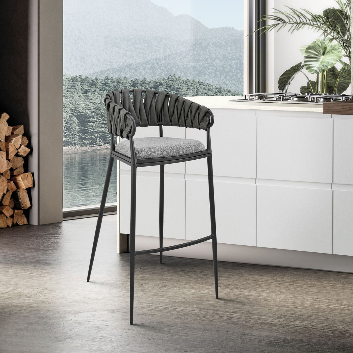 Giovanni Gray Faux Leather and Black Metal Bar or Counter Height Barstool with Arms and Curved Back