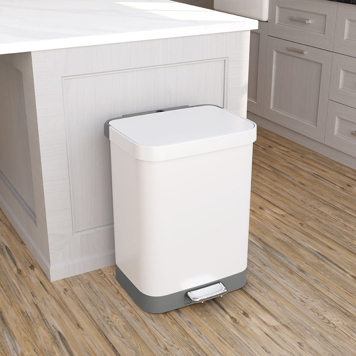 Glad All Stainless Steel Step-on Kitchen Trash Can, White