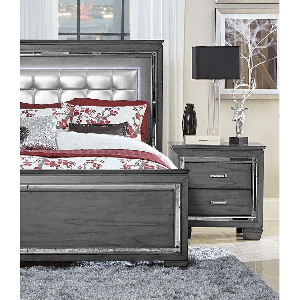 Glamourous Style 1pc Nightstand of 2x Drawers LED Lighting Faux Crystals Bar Pulls Gray Finish Modern Bedroom Furniture