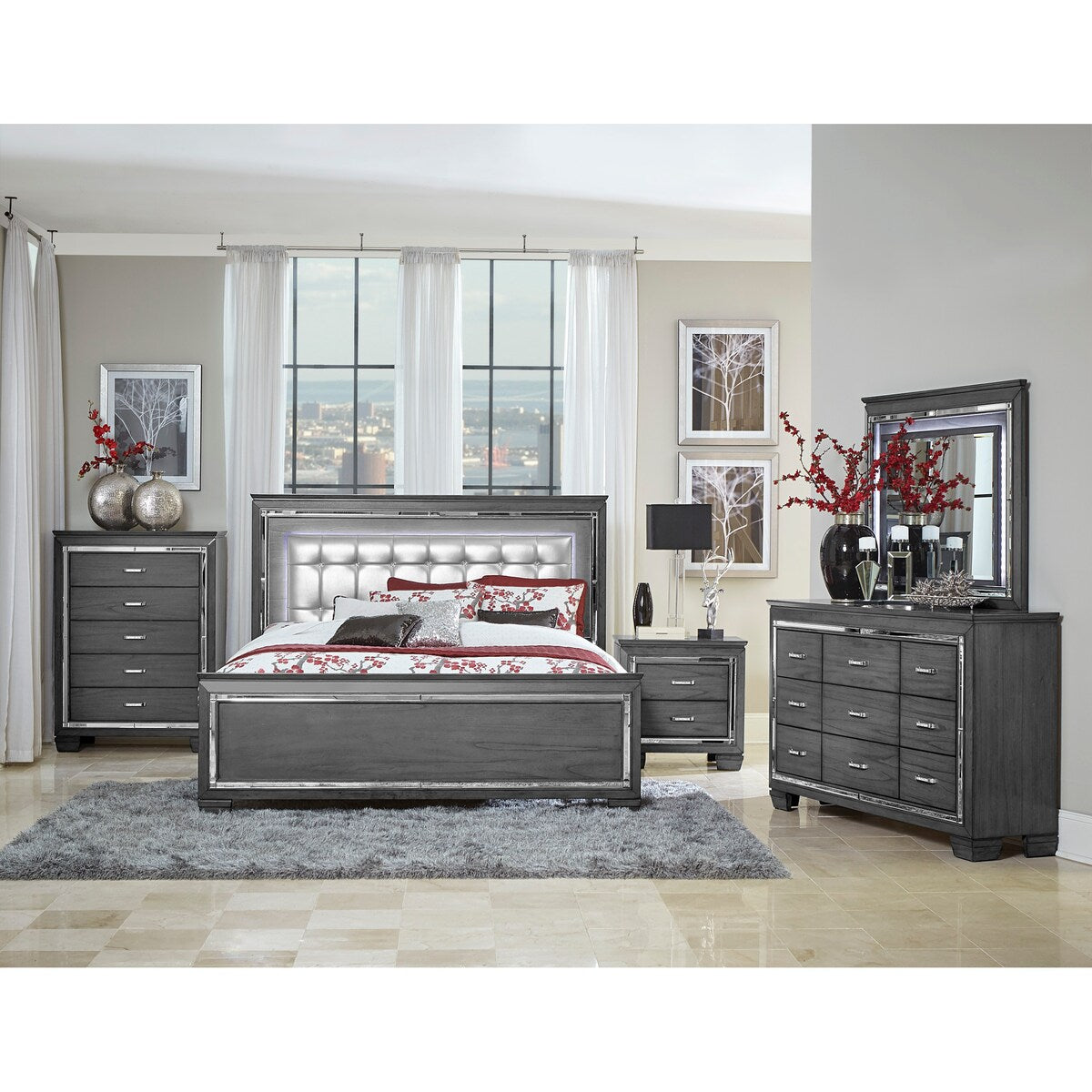 Glamourous Style 1pc Nightstand of 2x Drawers LED Lighting Faux Crystals Bar Pulls Gray Finish Modern Bedroom Furniture