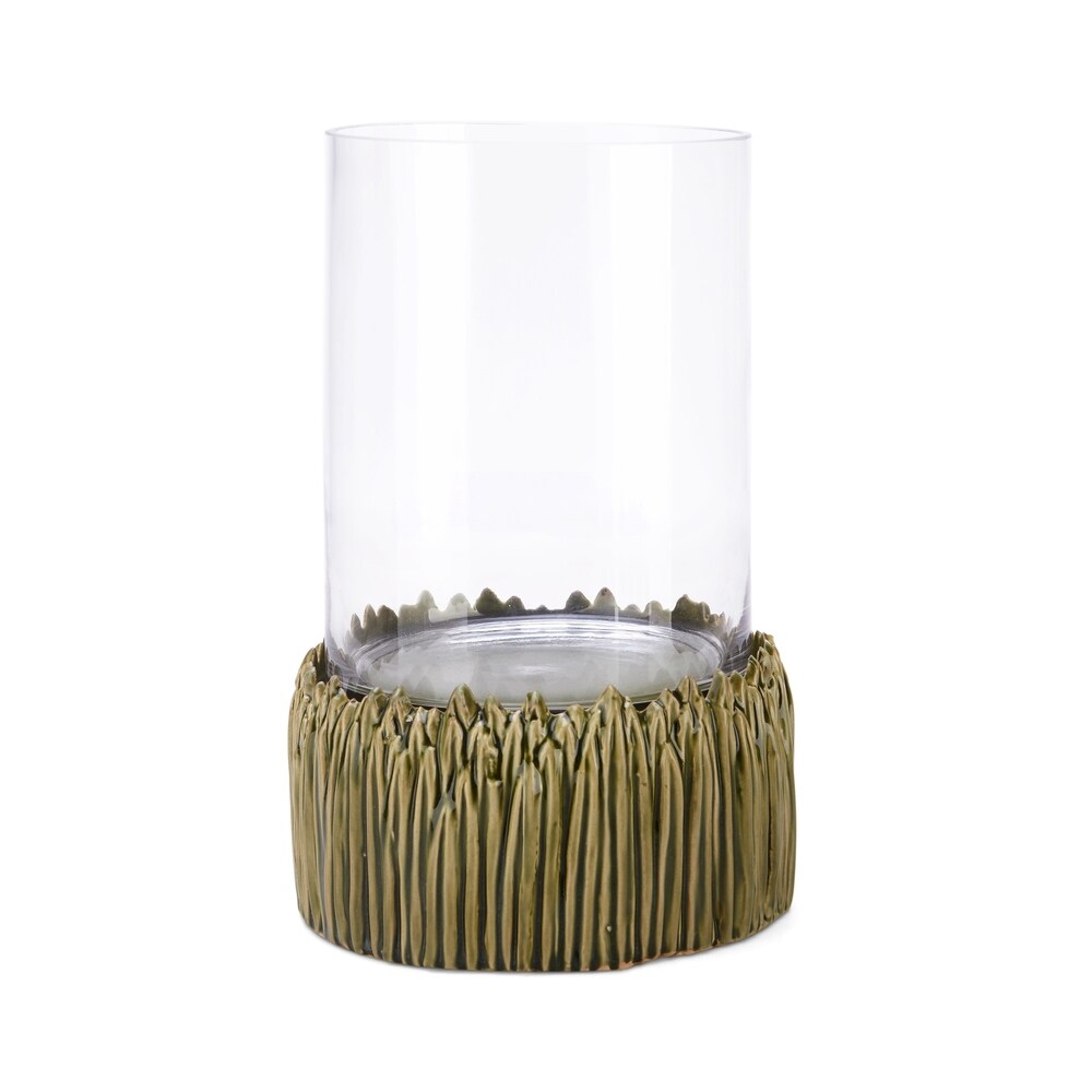 Glass Candle Hurricane with Ribbed Ceramic Base, Large, Clear and Gold