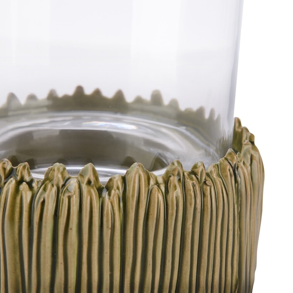 Glass Candle Hurricane with Ribbed Ceramic Base, Large, Clear and Gold