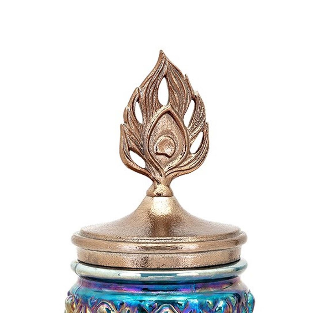 Glass Canister with Aluminum Peacock Tail Lid Top, Large, Multi