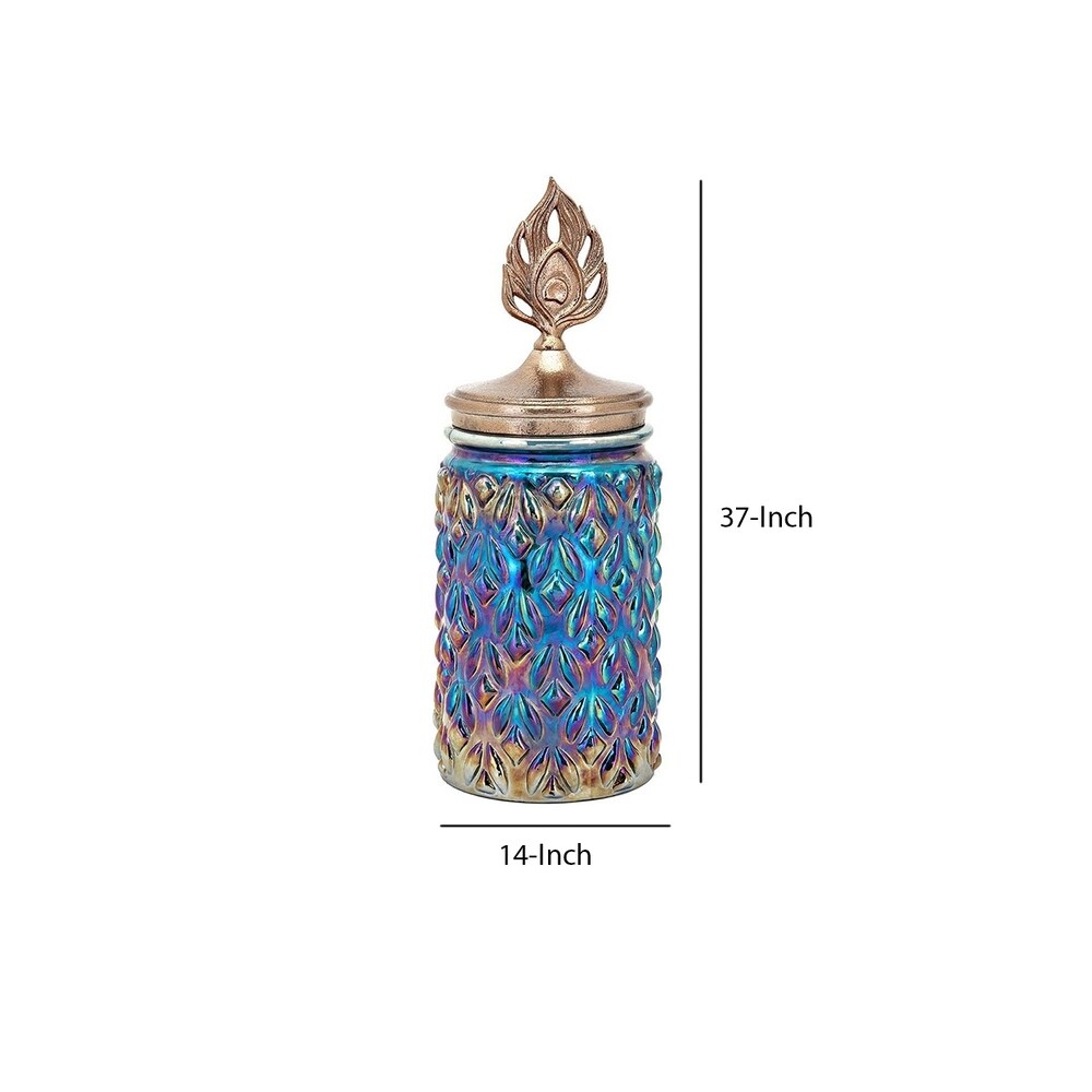 Glass Canister with Aluminum Peacock Tail Lid Top, Large, Multi