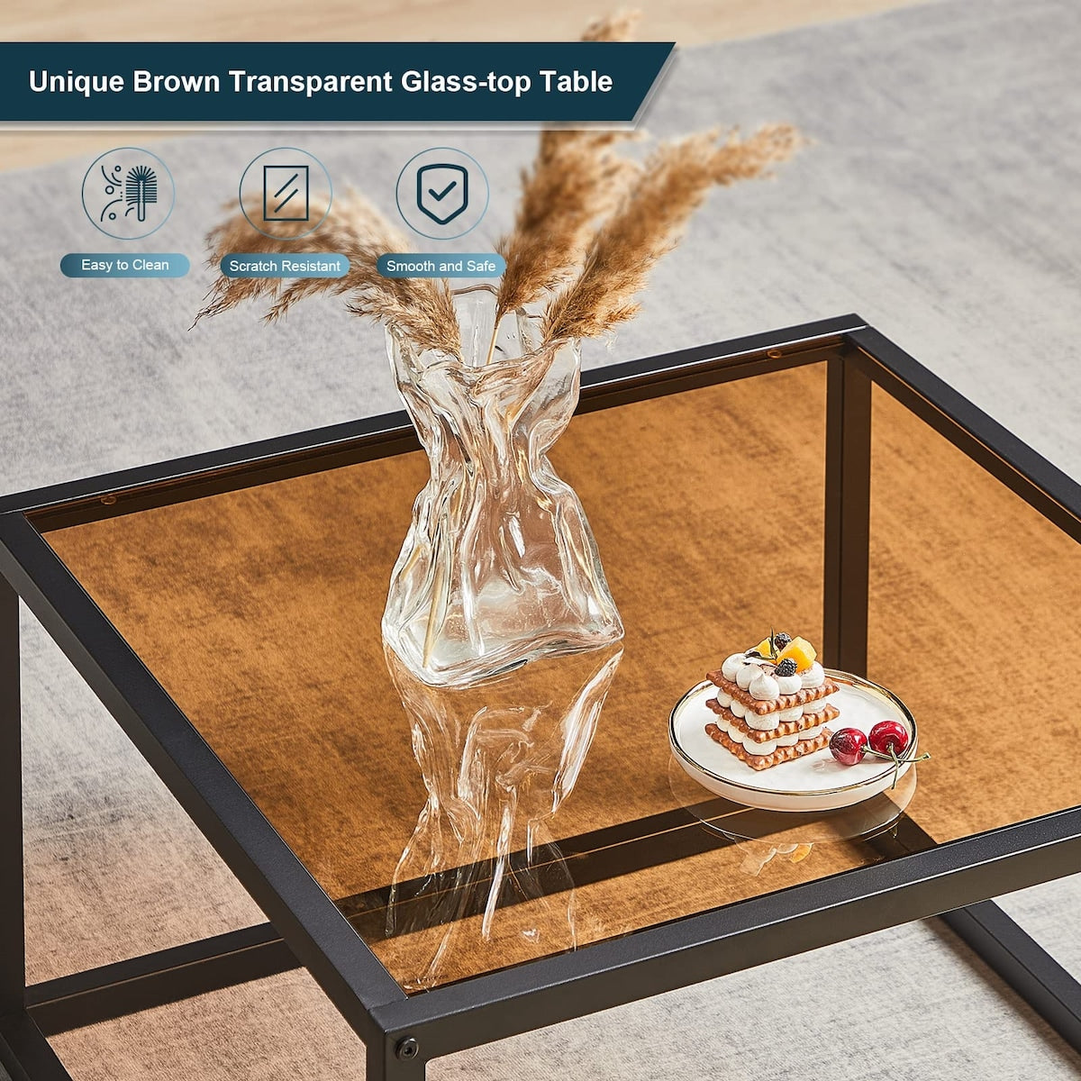 Glass Coffee Table Modern Coffee Tables Simple Square Center Table for Living Room Home Office with Tempered Glass-top