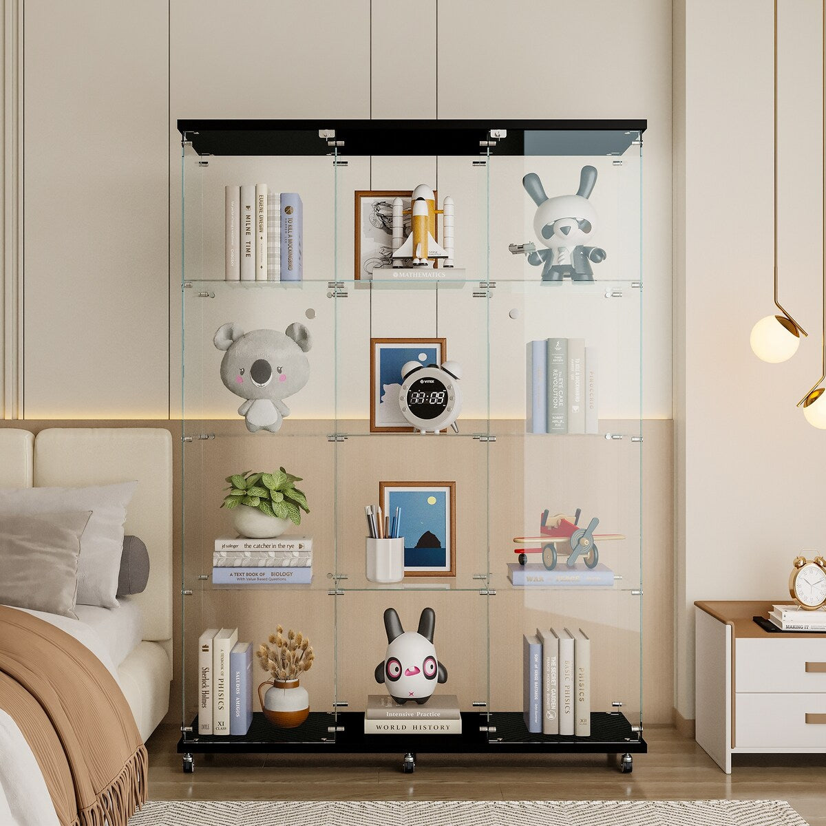 Glass Display Cabinet with 4 Shelves Extra Large, Curio Cabinets, Floor Standing Glass Bookshelf, Quick Installation
