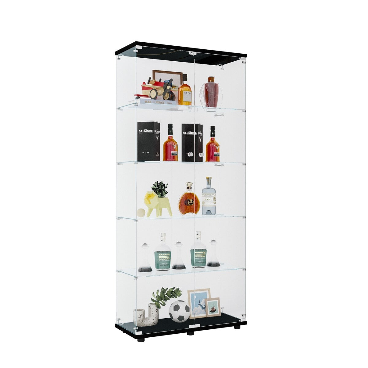 Glass Display Cabinet with 5 Shelves Double Door, Curio Cabinets, Floor Standing Glass Bookshelf, Quick Installation