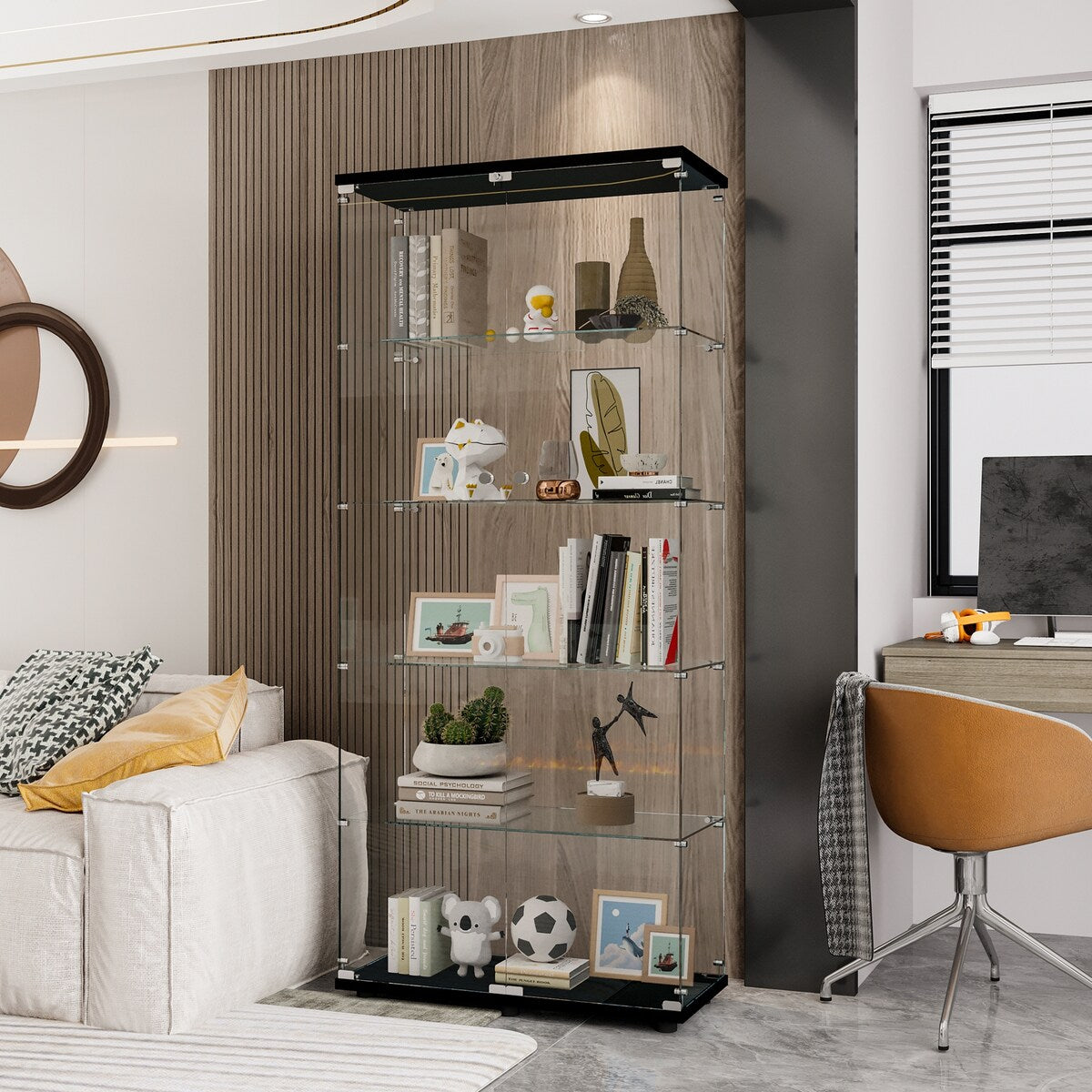 Glass Display Cabinet with 5 Shelves Double Door, Curio Cabinets, Floor Standing Glass Bookshelf, Quick Installation
