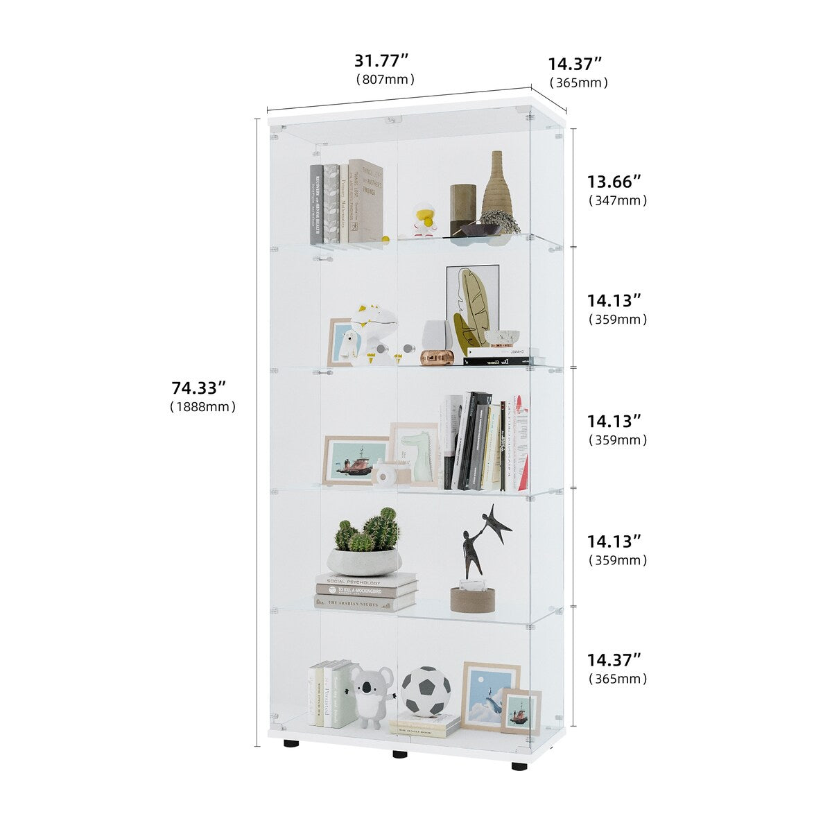 Glass Display Cabinet with 5 Shelves Double Door, Curio Cabinets, Floor Standing Glass Bookshelf, Quick Installation