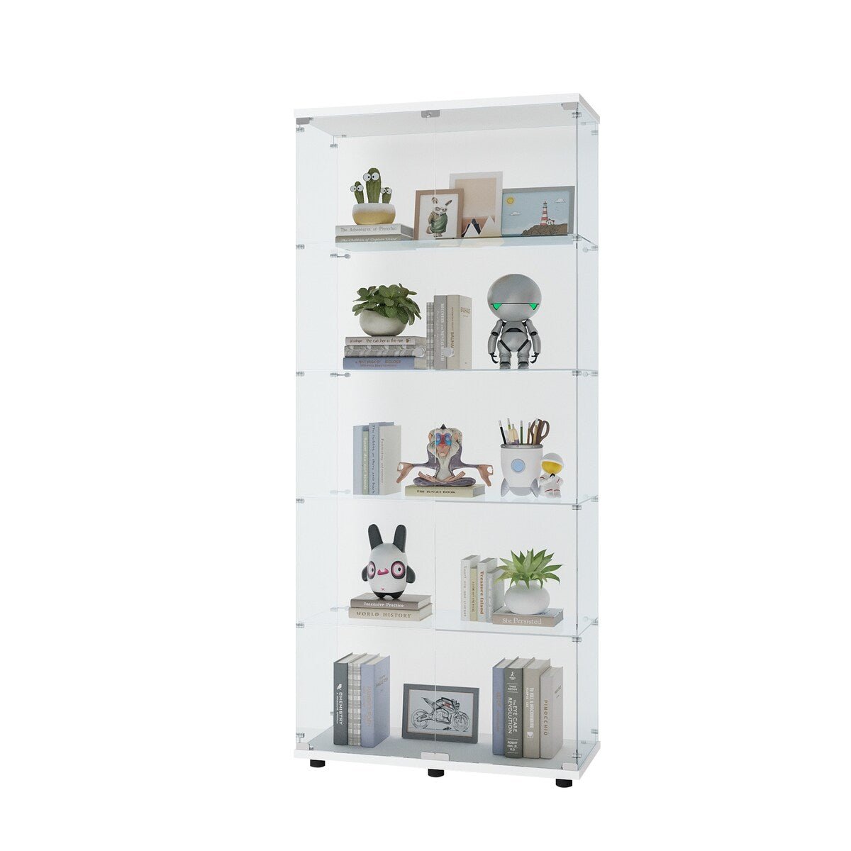 Glass Display Cabinet with 5 Shelves Double Door, Curio Cabinets, Floor Standing Glass Bookshelf, Quick Installation