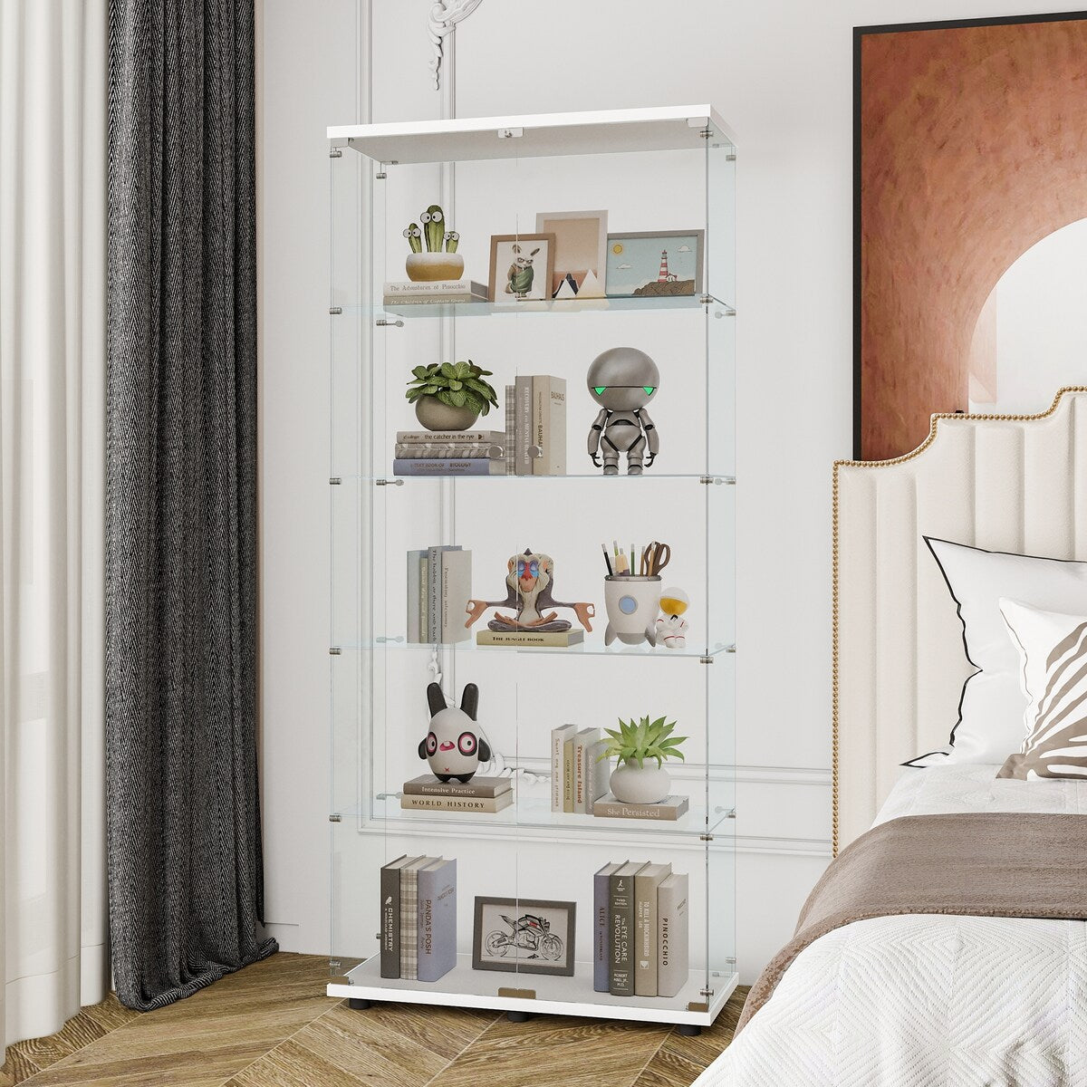 Glass Display Cabinet with 5 Shelves Double Door, Curio Cabinets, Floor Standing Glass Bookshelf, Quick Installation