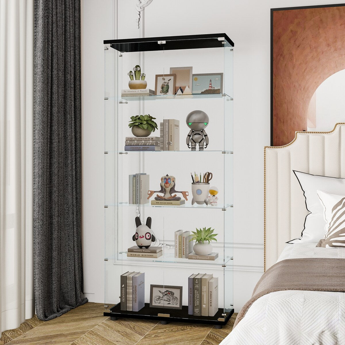 Glass Display Cabinet with 5 Shelves Double Door, Curio Cabinets, Floor Standing Glass Bookshelf, Quick Installation