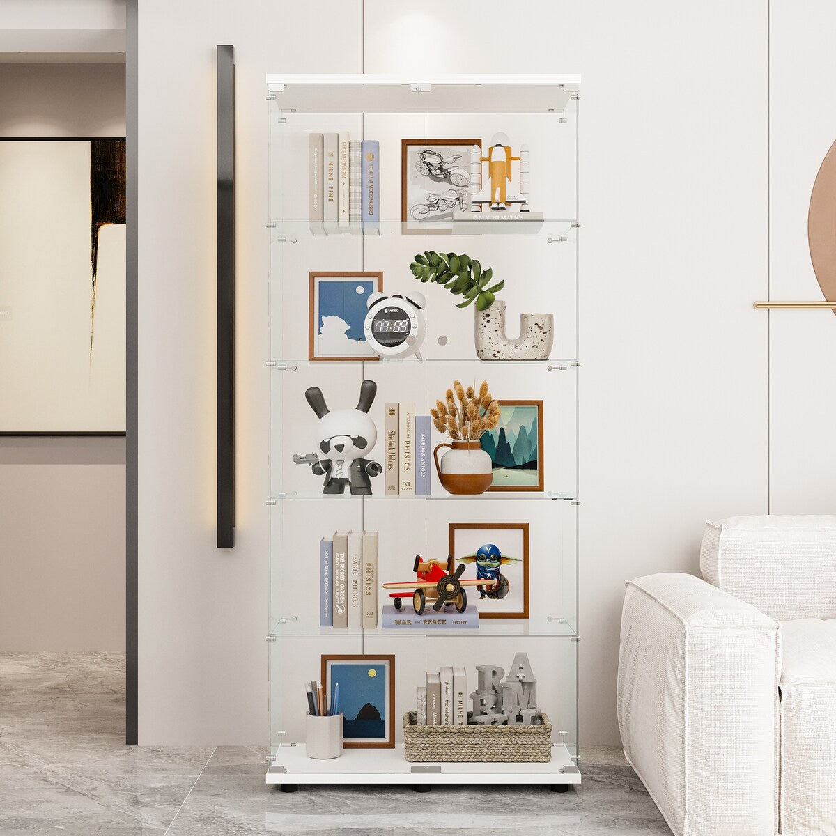 Glass Display Cabinet with 5 Shelves Double Door, Curio Cabinets, Floor Standing Glass Bookshelf, Quick Installation