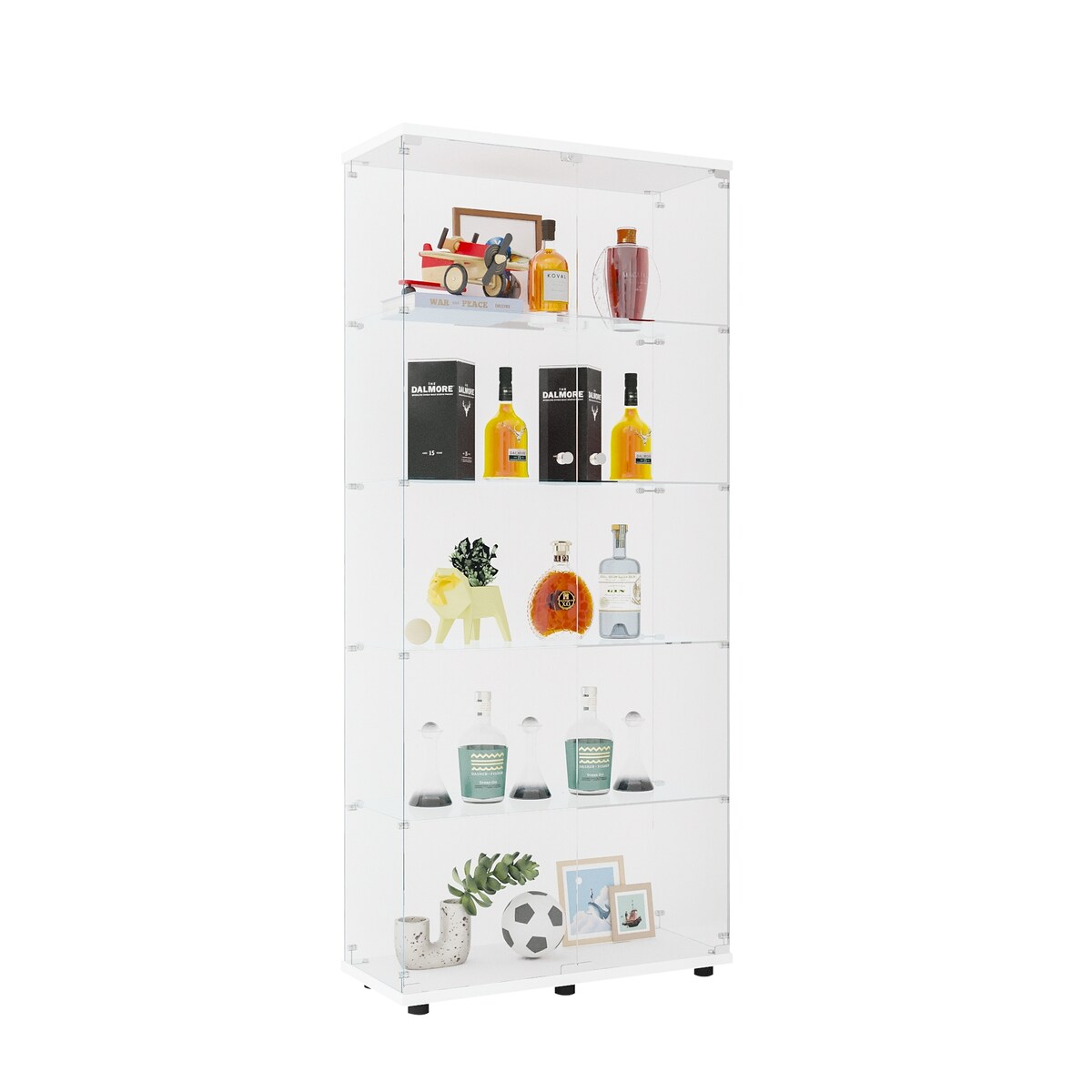 Glass Display Cabinet with 5 Shelves Double Door, Curio Cabinets, Floor Standing Glass Bookshelf, Quick Installation