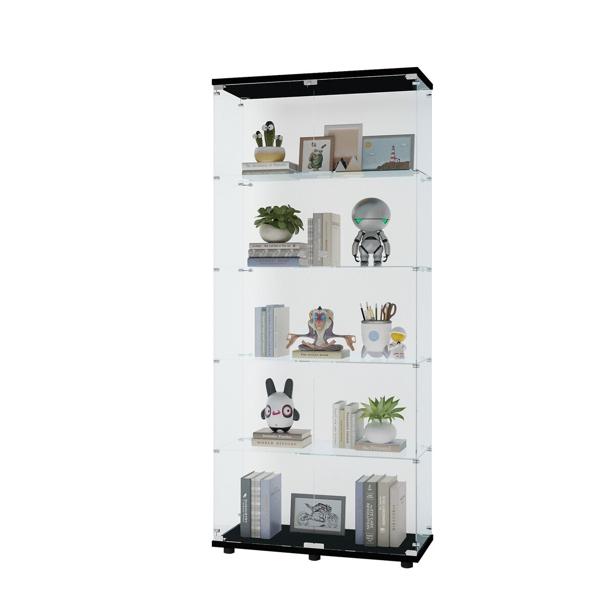 Glass Display Cabinet with 5 Shelves Double Door, Curio Cabinets, Floor Standing Glass Bookshelf, Quick Installation
