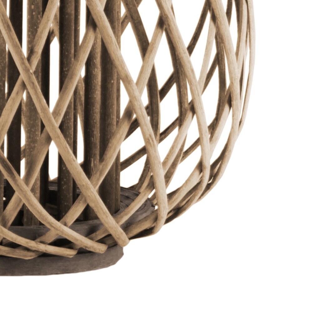 Glass Hurricane Bellied Bamboo Lantern with Braided Rope, Brown and Clear