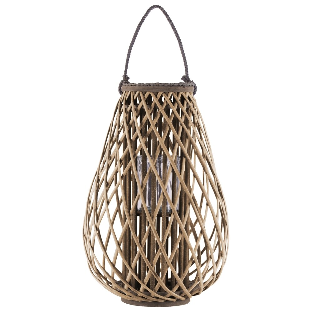 Glass Hurricane Bellied Bamboo Lantern with Braided Rope, Brown and Clear