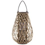 Glass Hurricane Bellied Bamboo Lantern with Braided Rope, Brown and Clear