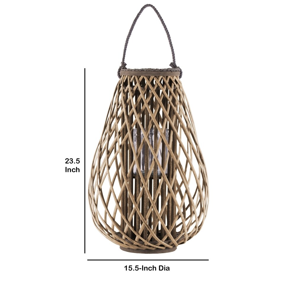 Glass Hurricane Bellied Bamboo Lantern with Braided Rope, Brown and Clear