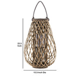 Glass Hurricane Bellied Bamboo Lantern with Braided Rope, Brown and Clear