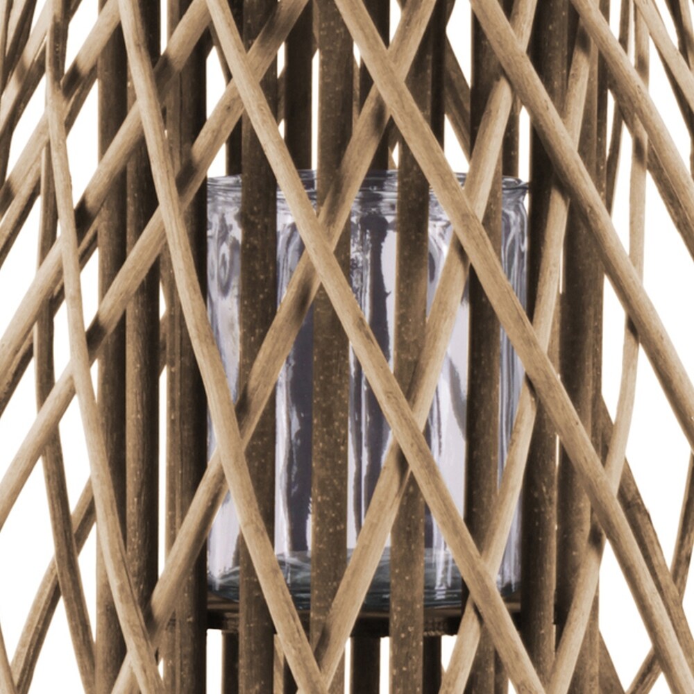 Glass Hurricane Bellied Bamboo Lantern with Braided Rope, Brown and Clear