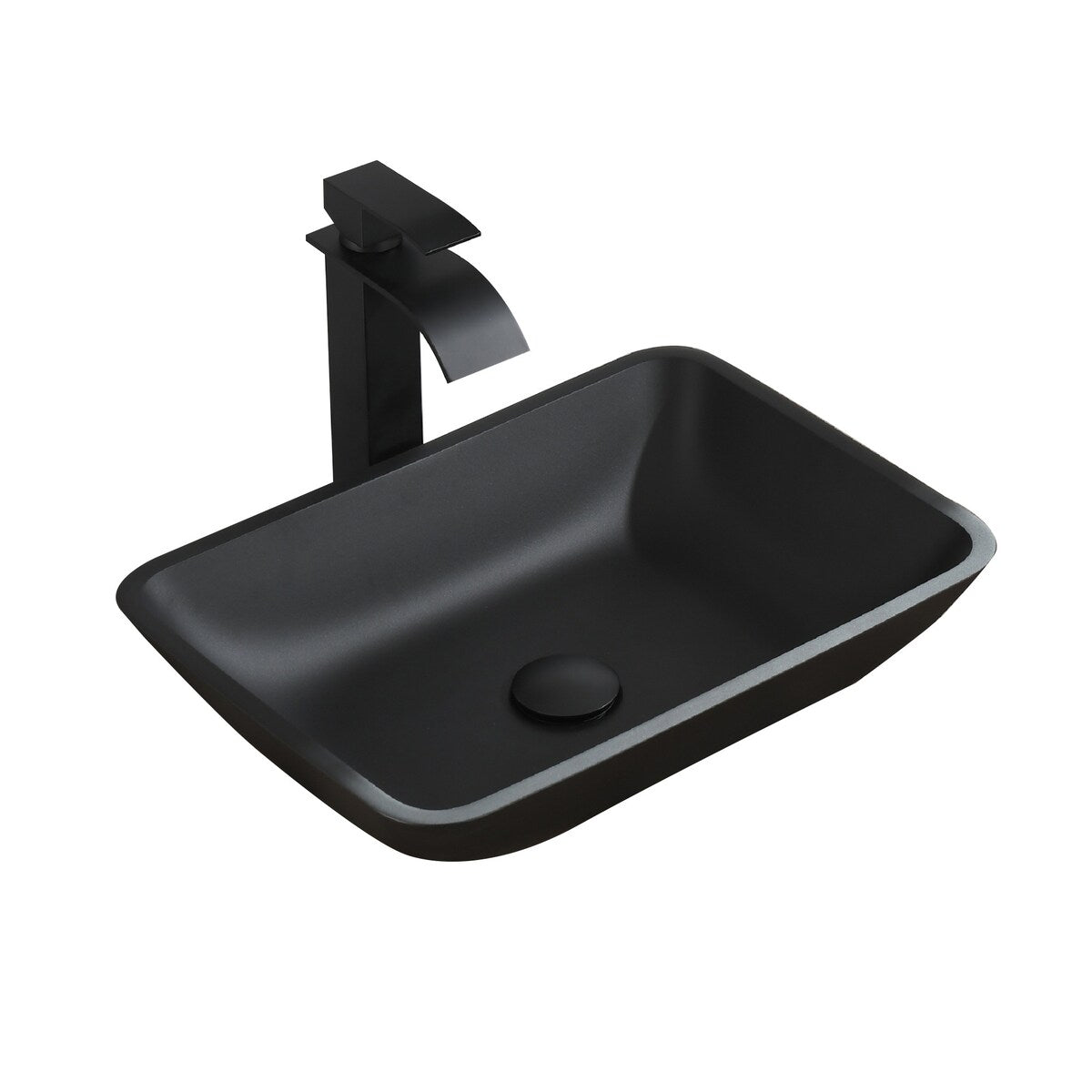 Glass Vessel Bathroom Sink in Black with Faucet and Drain