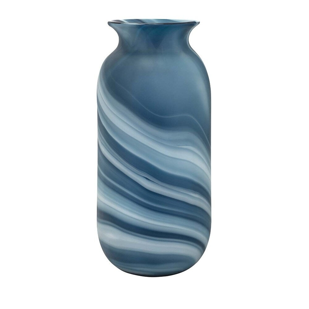 Glass Vase with Marble Pattern and Flared Neck, Blue and White, Large