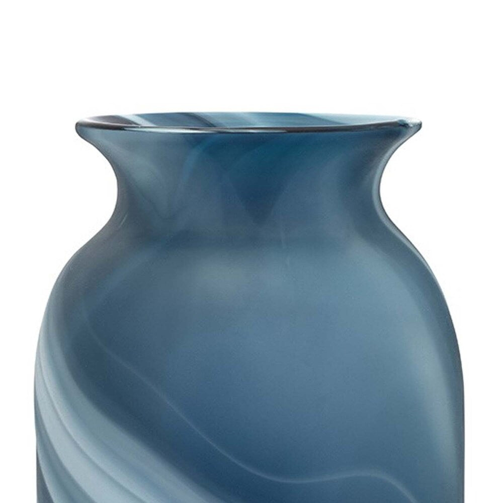 Glass Vase with Marble Pattern and Flared Neck, Blue and White, Large