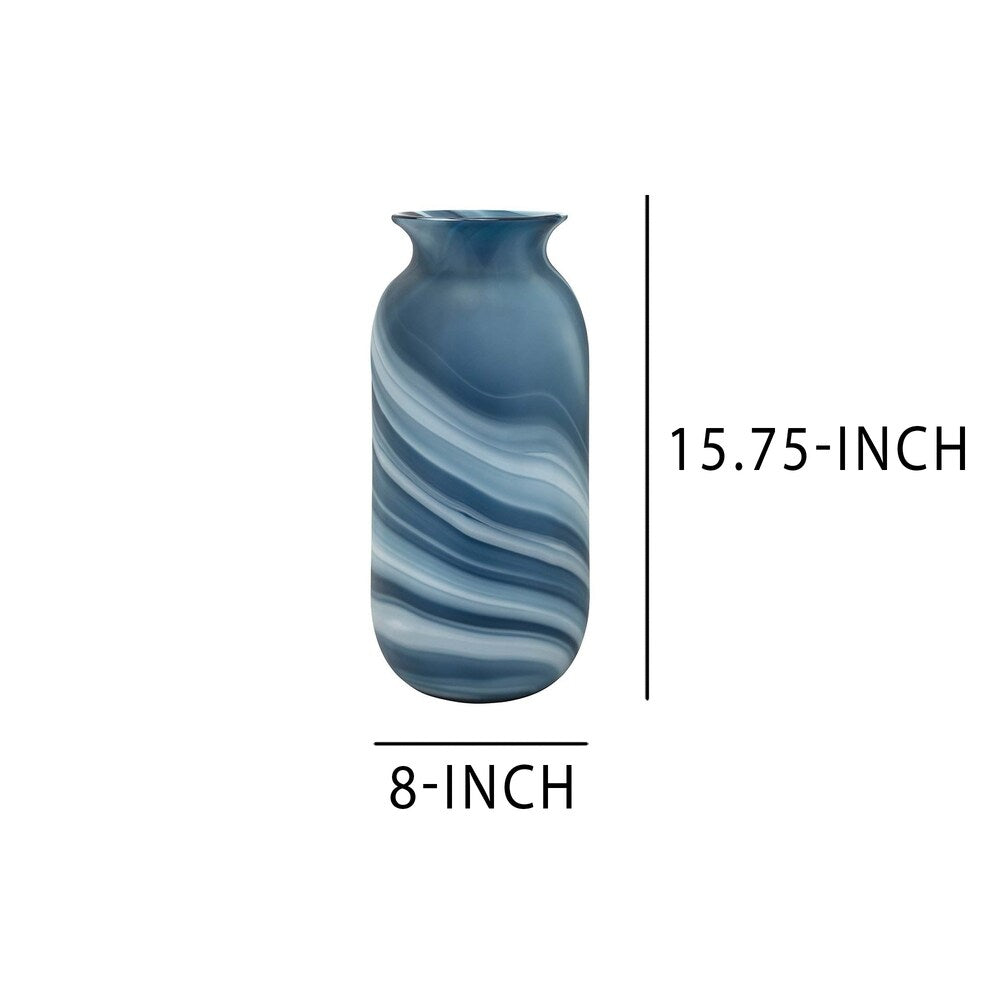 Glass Vase with Marble Pattern and Flared Neck, Blue and White, Large