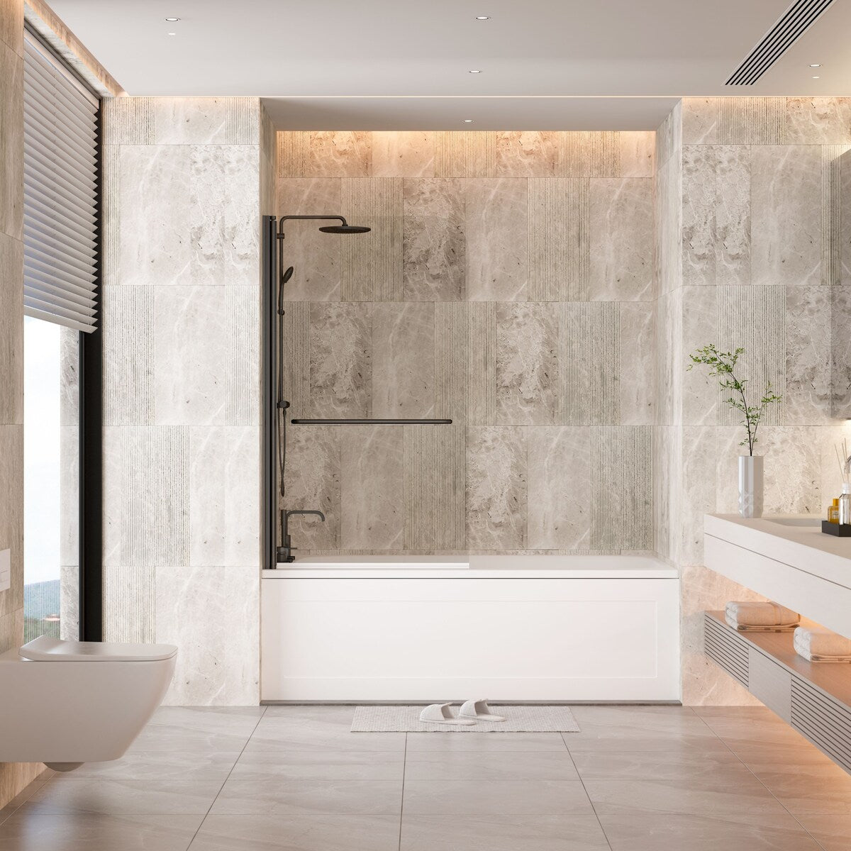 58''H Bathtub Glass shower Door, Fixed Glas Half Panel in Black/Chrome - 34x58
