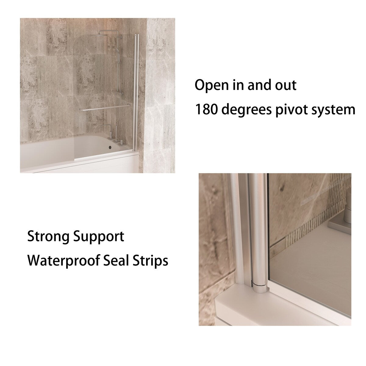 58''H Bathtub Glass shower Door, Fixed Glas Half Panel in Black/Chrome - 34x58