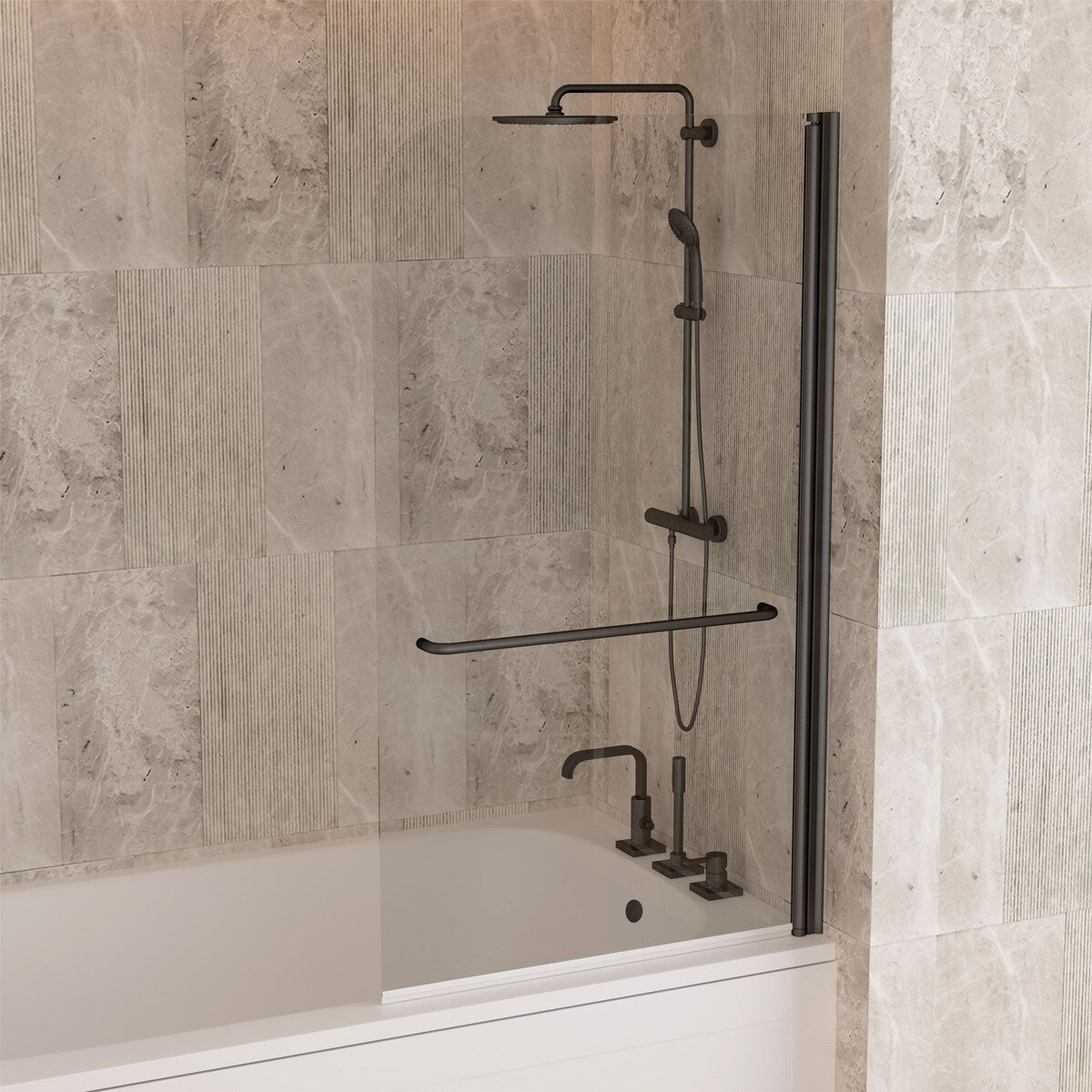 58''H Bathtub Glass shower Door, Fixed Glas Half Panel in Black/Chrome - 34x58