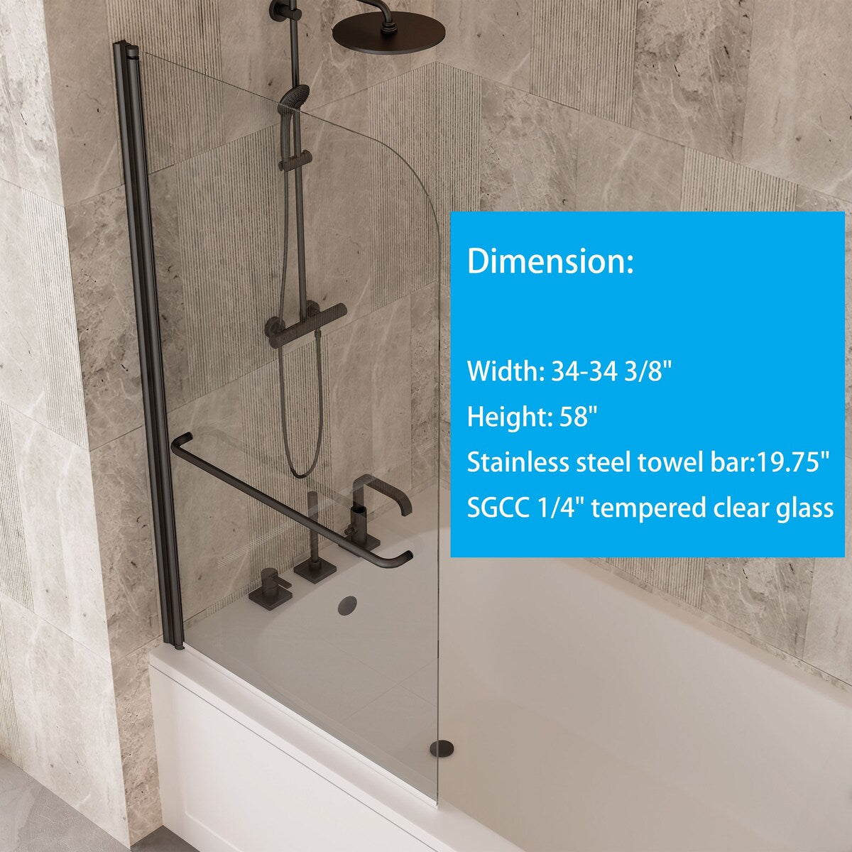58''H Bathtub Glass shower Door, Fixed Glas Half Panel in Black/Chrome - 34x58