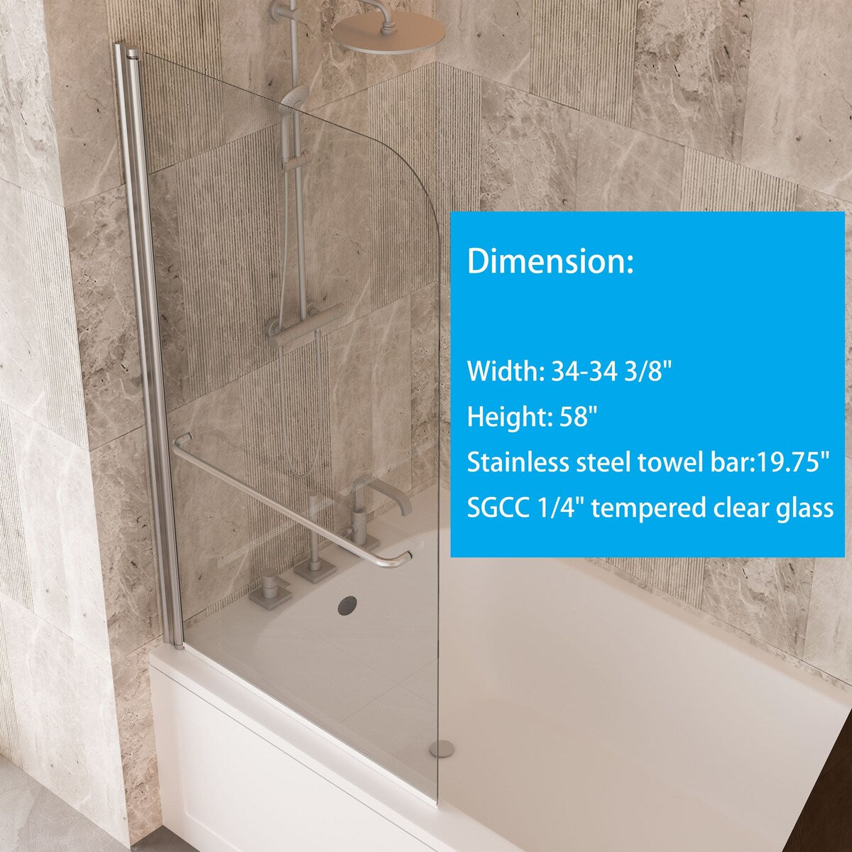 58''H Bathtub Glass shower Door, Fixed Glas Half Panel in Black/Chrome - 34x58