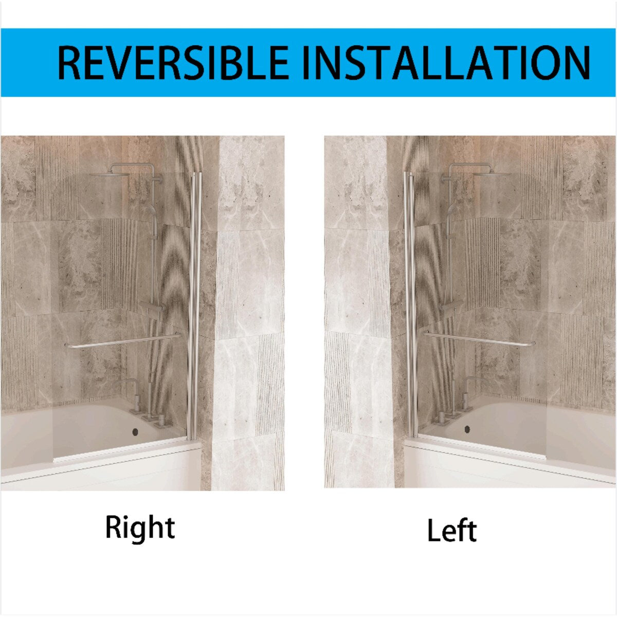 58''H Bathtub Glass shower Door, Fixed Glas Half Panel in Black/Chrome - 34x58
